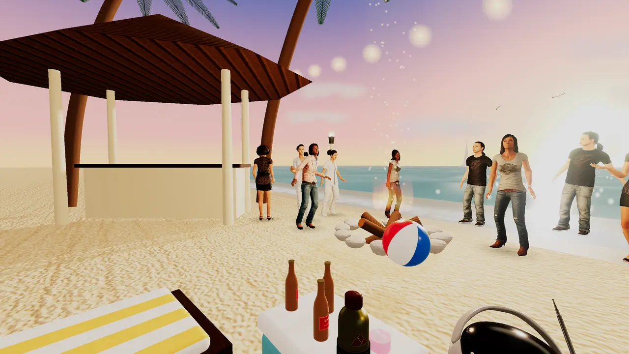 A beach party with palm trees at sunset