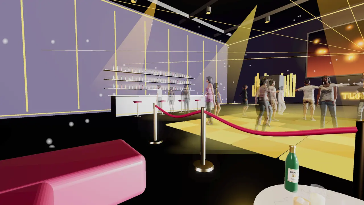 The Nightclub: a dance floor with lasers, a bar and a velvet rope